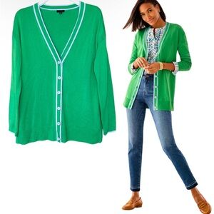 Talbots Women M Girlfriend Cardigan Long Sleeve Preppy Green Button V-neck Blue